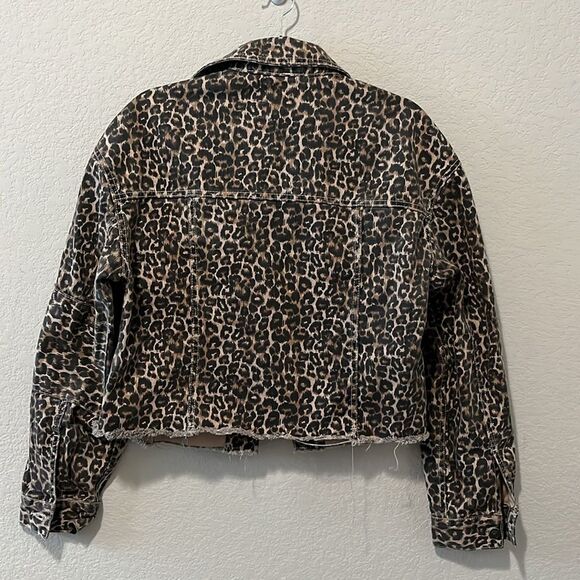 FREE PEOPLE Leopard Print Cropped, Raw Hem Denim Jacket, Size S - Picture 8 of 11